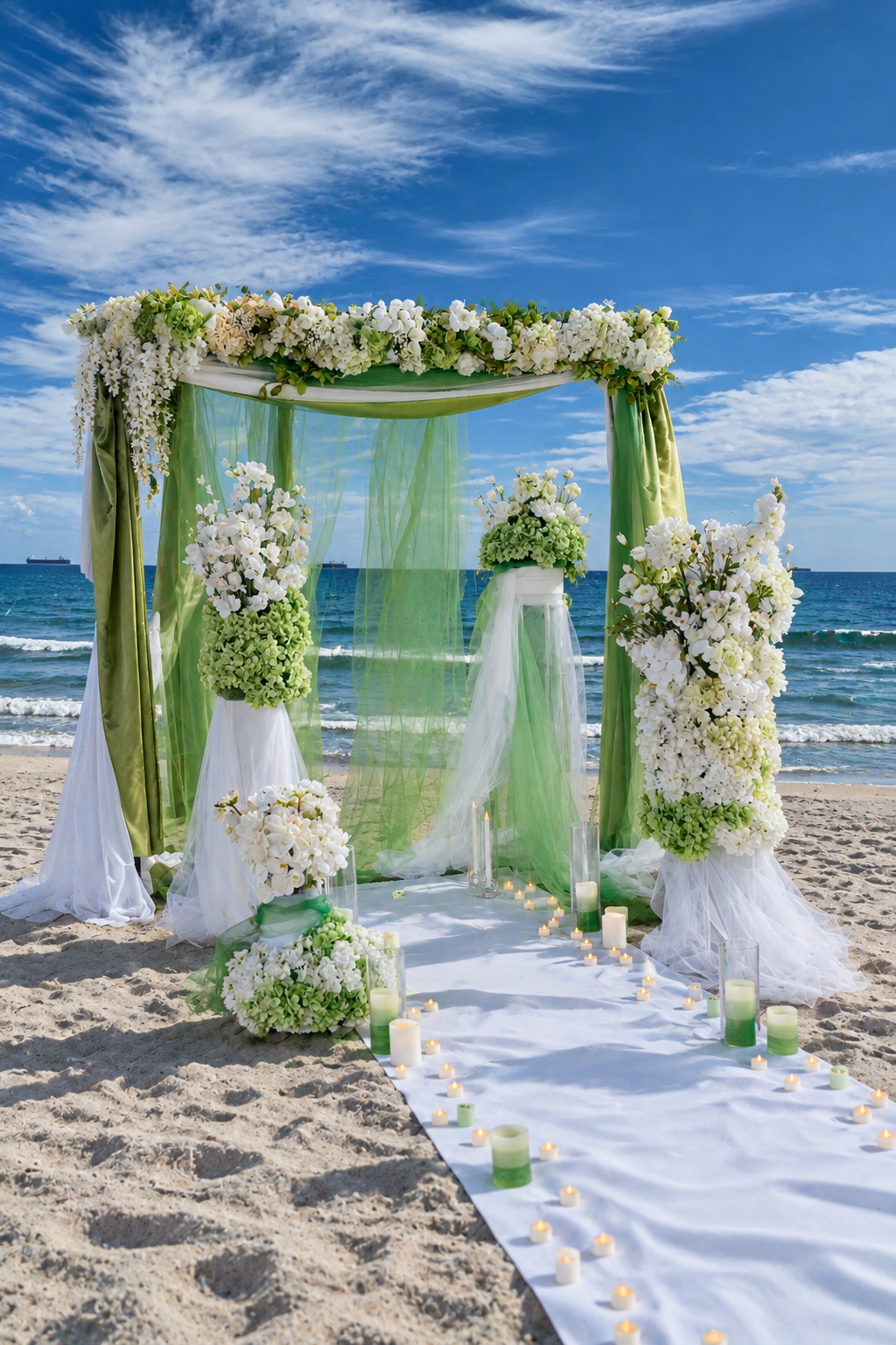 Green and white floral arch with a candle-lined white aisle on the beach