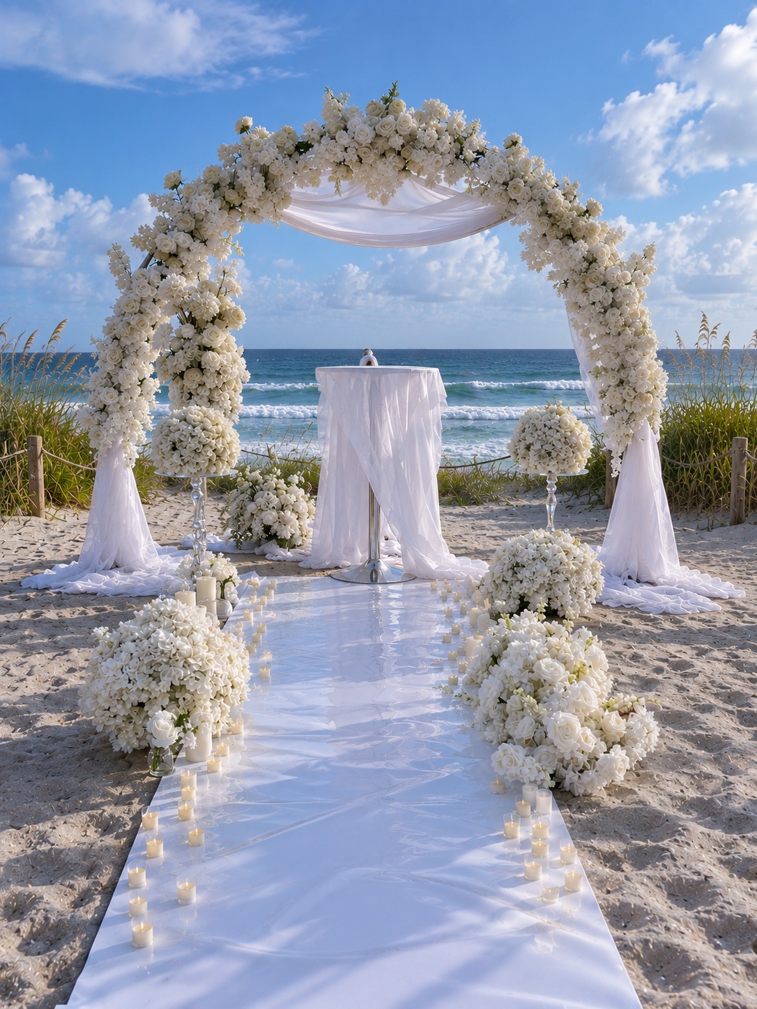 White floral wedding arch and candle-lined aisle overlooking the ocean