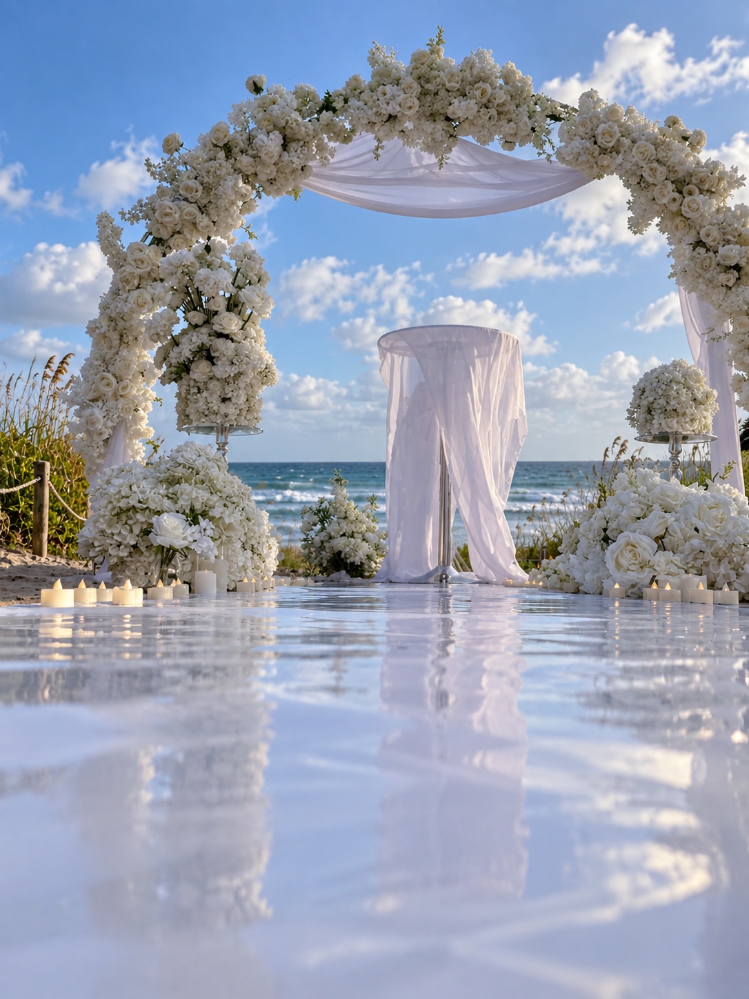 White blossoms, candlelight and a reflective wedding aisle