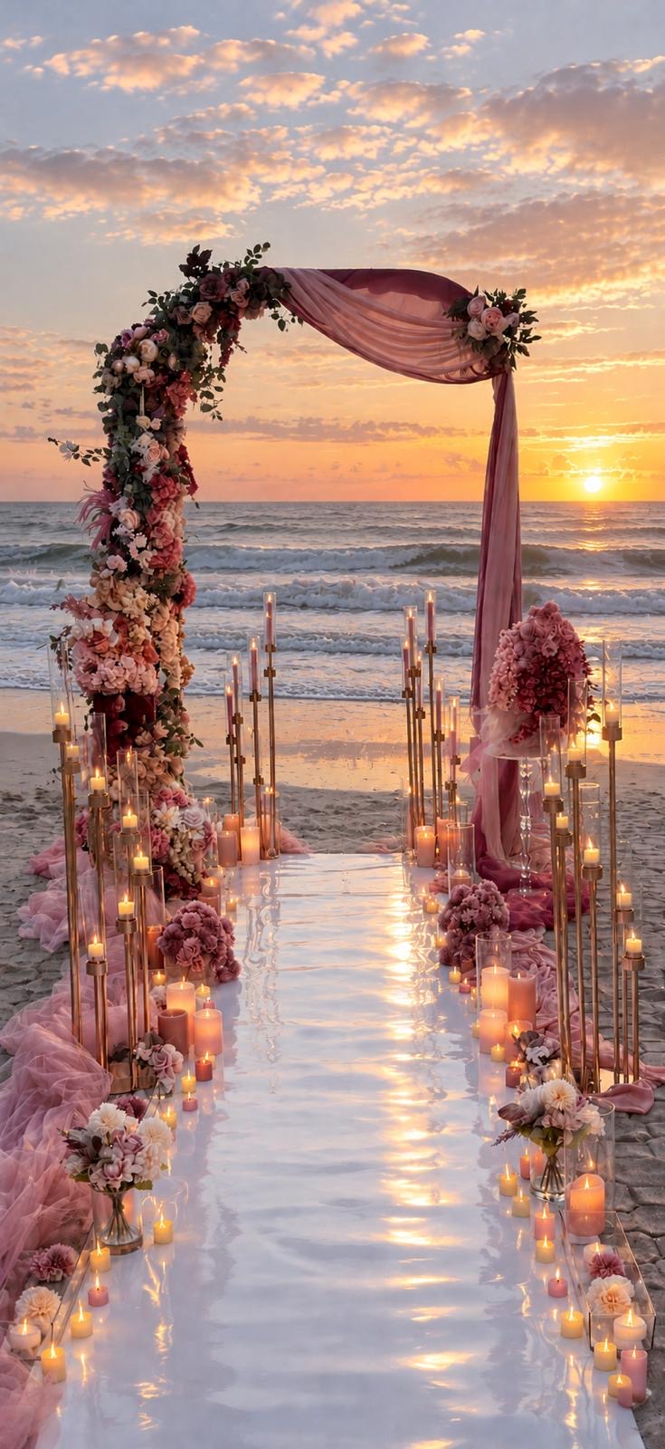 Blush and rose floral arch with a candlelit reflective aisle at sunset